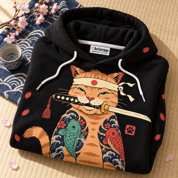 Chrisraw Neko Ronin Hoodie — Tattooed Cat Katana Irezumi Print