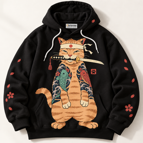 Chrisraw Neko Ronin Hoodie — Tattooed Cat Katana Irezumi Print