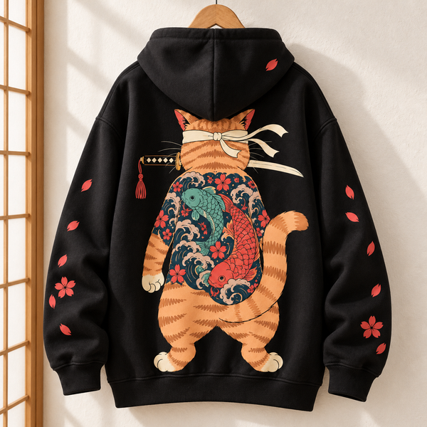 Chrisraw Neko Ronin Hoodie — Tattooed Cat Katana Irezumi Print
