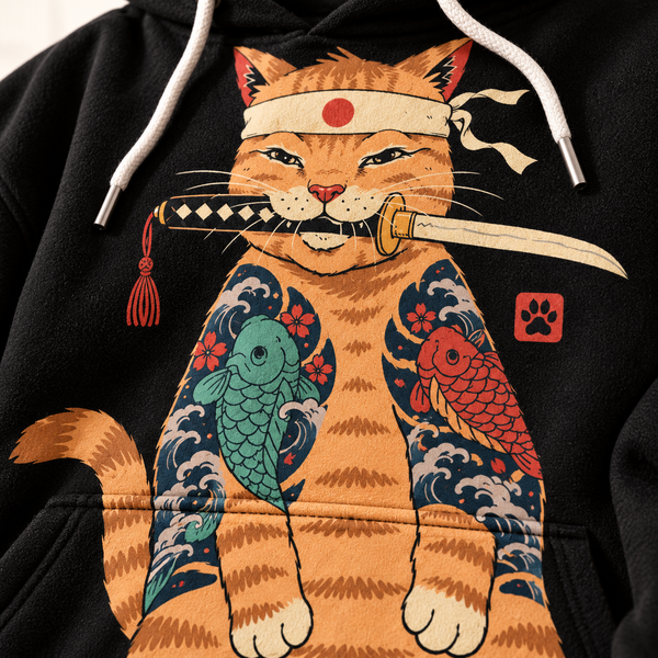 Chrisraw Neko Ronin Hoodie — Tattooed Cat Katana Irezumi Print