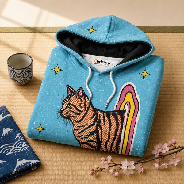 Chrisraw Portal Cat Hoodie — Retro Halftone Cat Through Portal Print