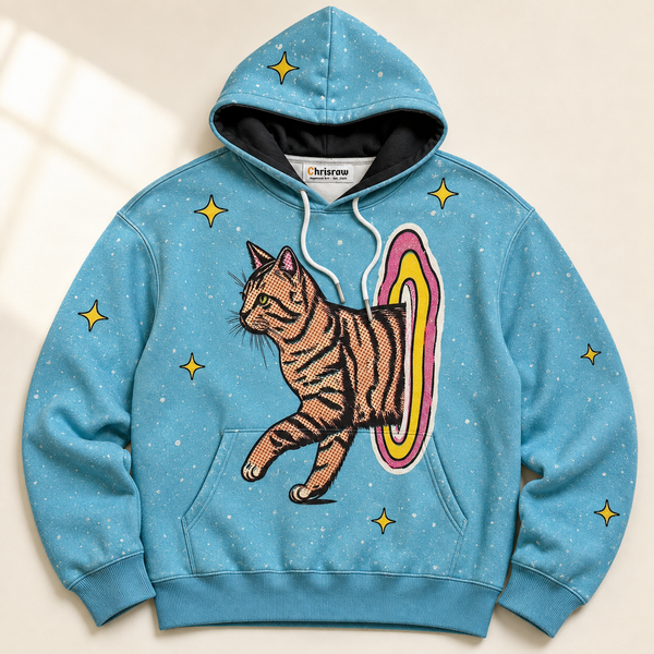Chrisraw Portal Cat Hoodie — Retro Halftone Cat Through Portal Print