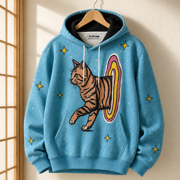 Chrisraw Portal Cat Hoodie — Retro Halftone Cat Through Portal Print
