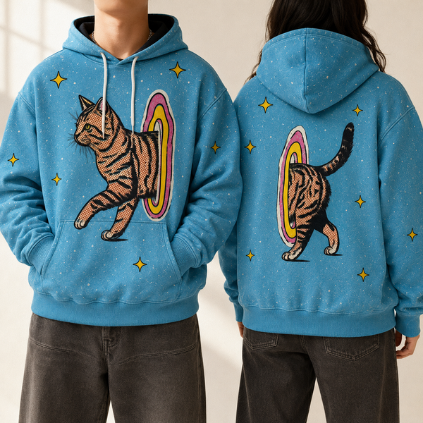 Chrisraw Portal Cat Hoodie — Retro Halftone Cat Through Portal Print