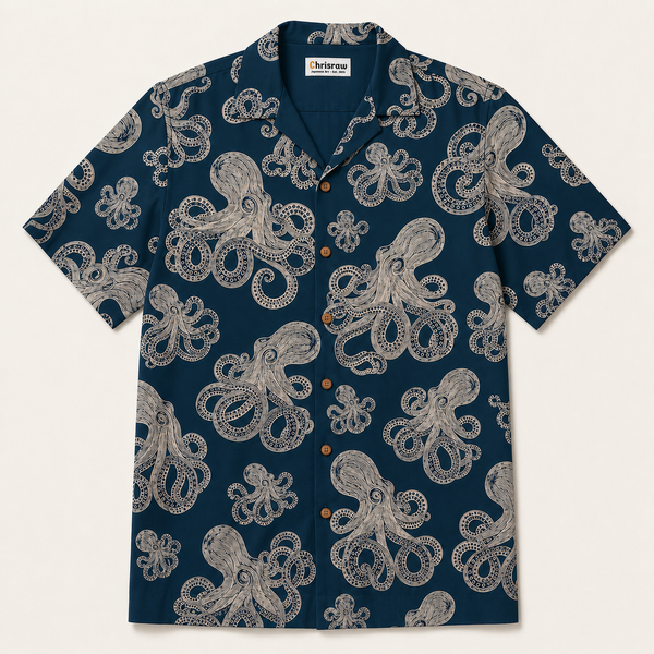Chrisraw Shirotako Aloha Shirt — White Octopus Linocut Print