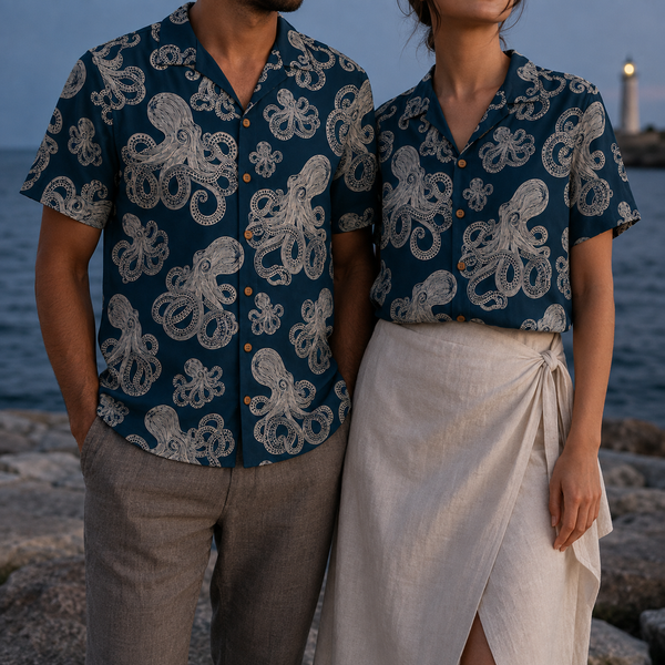 Chrisraw Shirotako Aloha Shirt — White Octopus Linocut Print
