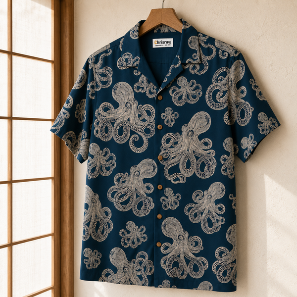 Chrisraw Shirotako Aloha Shirt — White Octopus Linocut Print