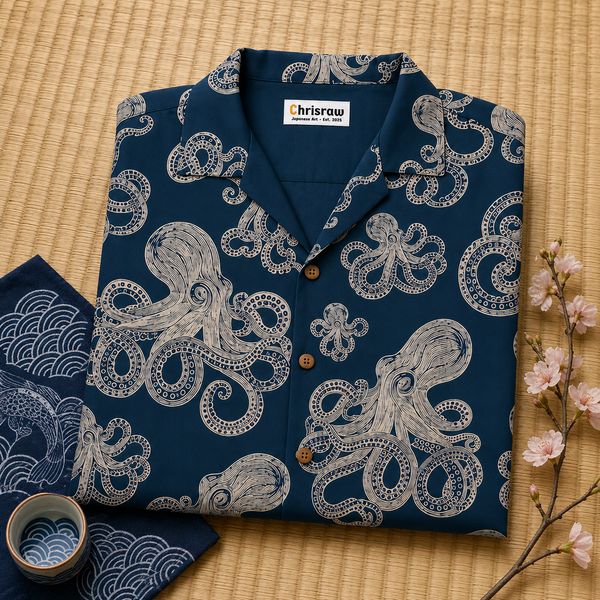 Chrisraw Shirotako Aloha Shirt — White Octopus Linocut Print
