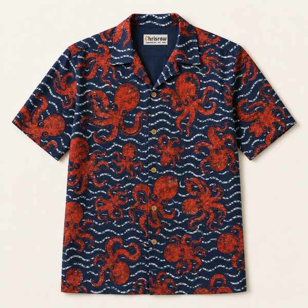 Chrisraw Tako Nami Aloha Shirt — Red Octopus and Waves Screenprint