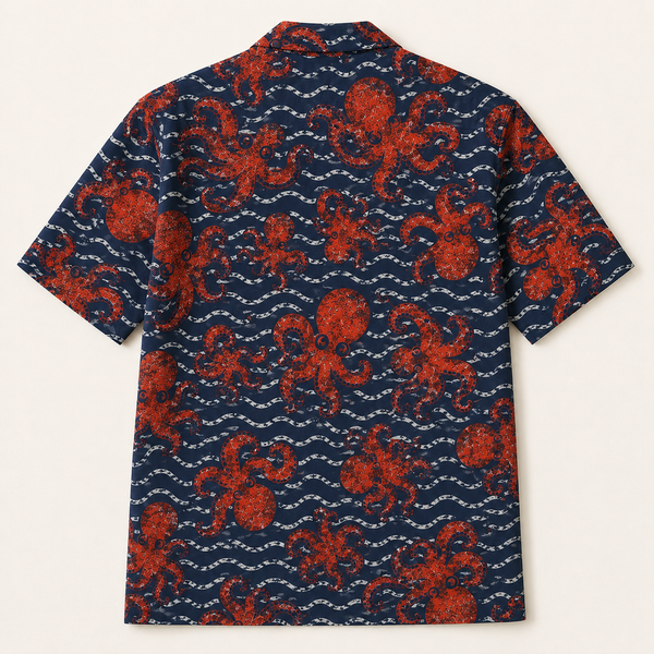 Chrisraw Tako Nami Aloha Shirt — Red Octopus and Waves Screenprint