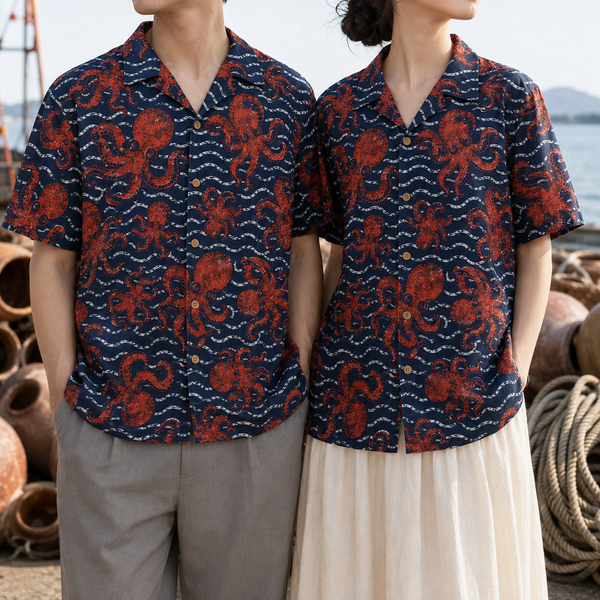 Chrisraw Tako Nami Aloha Shirt — Red Octopus and Waves Screenprint