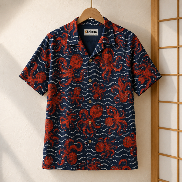 Chrisraw Tako Nami Aloha Shirt — Red Octopus and Waves Screenprint