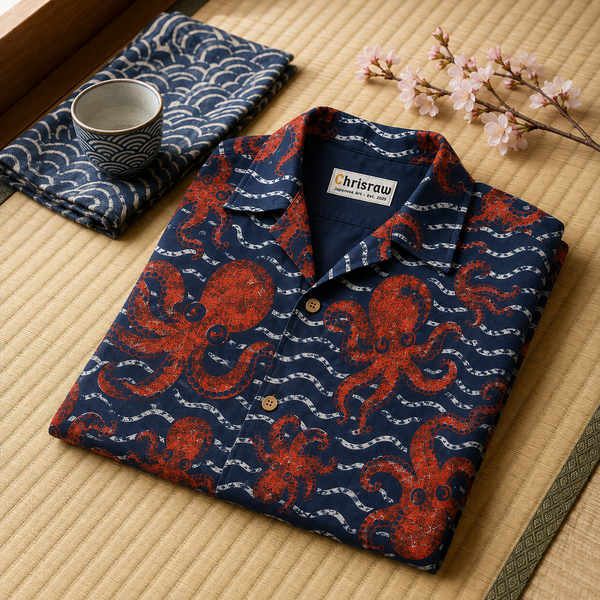 Chrisraw Tako Nami Aloha Shirt — Red Octopus and Waves Screenprint