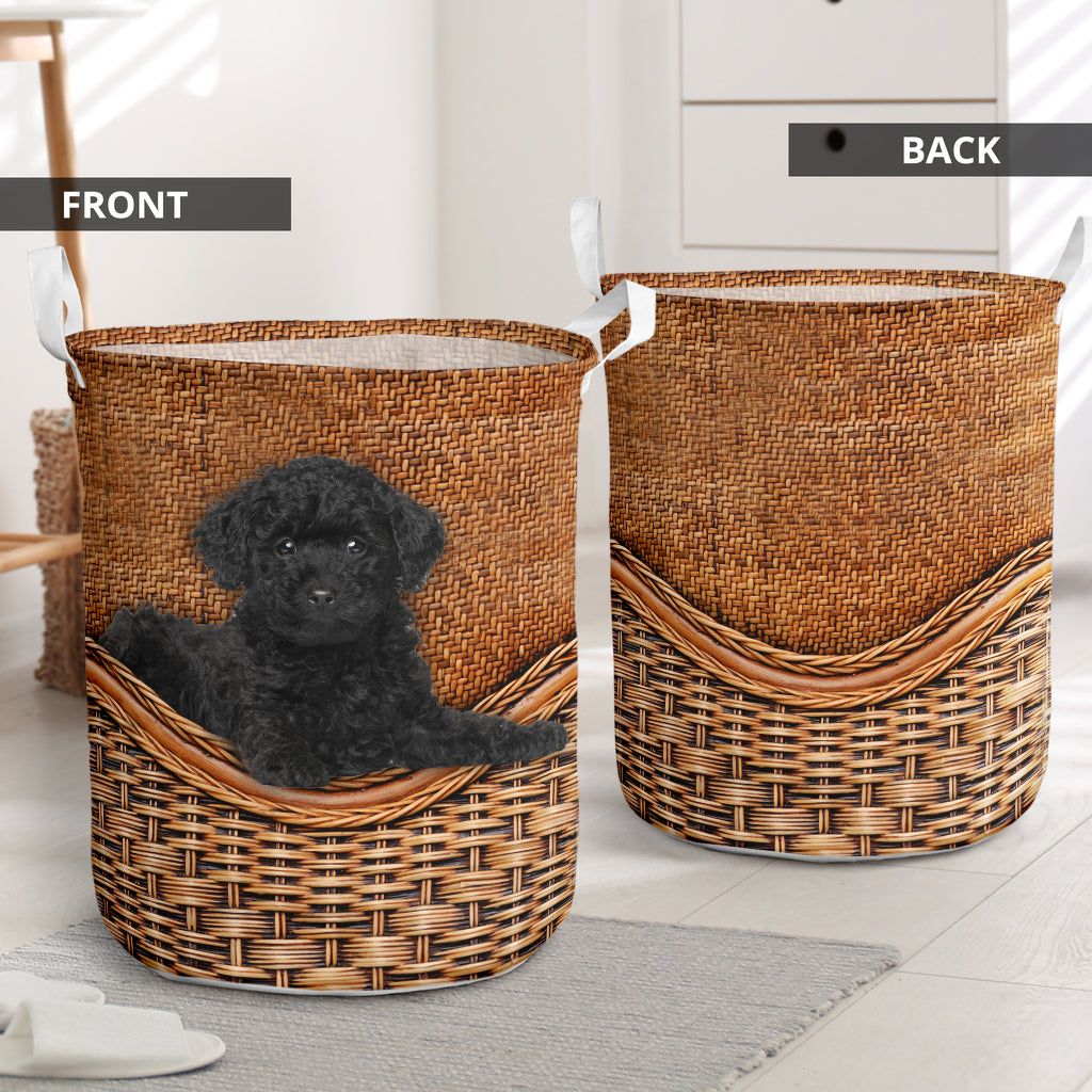 Black Toy Poodle Rattan Texture Laundry Basket